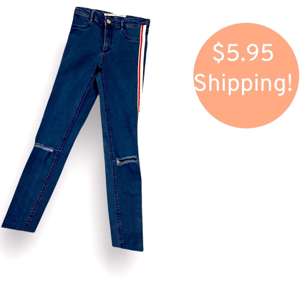 Women’s Mid Rise Jeans with Red Side Stripes